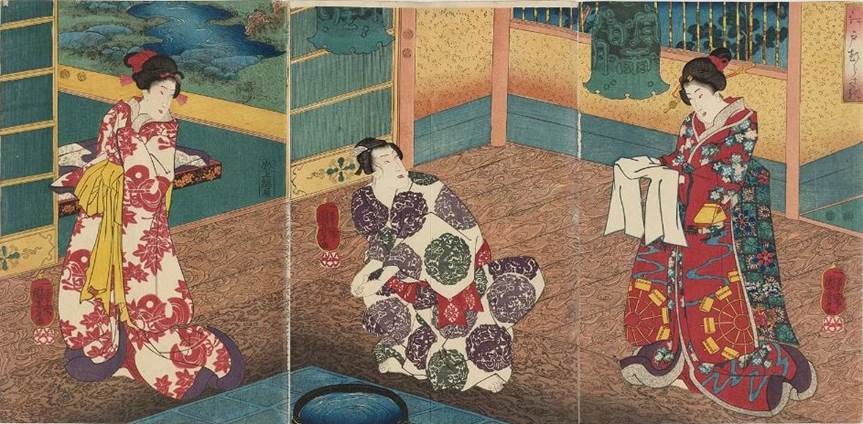 Kuniyoshi - Murasakis Edo (Edo murasaki), Prince Genji washing his hands (centre) with two women in attendance