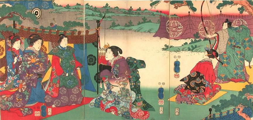 Kuniyoshi - (triptych) Archery by a court noble, watched by a young prince and court ladies, c