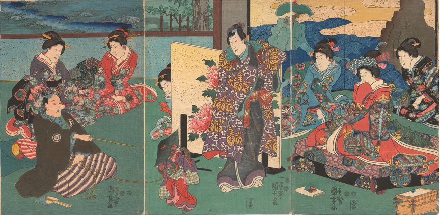 Kuniyoshi - (triptych)  six bijin & Genji, watching the antics of a performing monkey, c