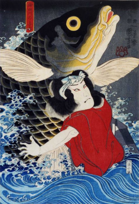 Kuniyoshi - (fish) Bandô Hikosaburô IV as Kandagawa Yokichi in 'Tenjiku Tokubei karakoto banashi', (6)1849, 101-3623