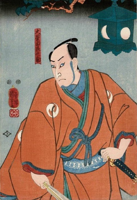 Princess Wakana (L) by Bando Shuka I, Genkai Nadaemon by Arashi Rikan III; Washizu Rokuro by Arashi Rikaku II; Wachizu Shichoro by Bando Takesaburo I in Shiranui monogatari (The Tale of the White Embroiderer) (2)1853