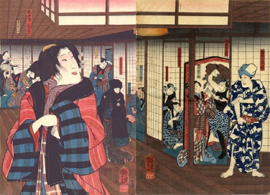 Kuniyoshi - busts of actors in front of Archery targets, Agemaki no Sukeroku