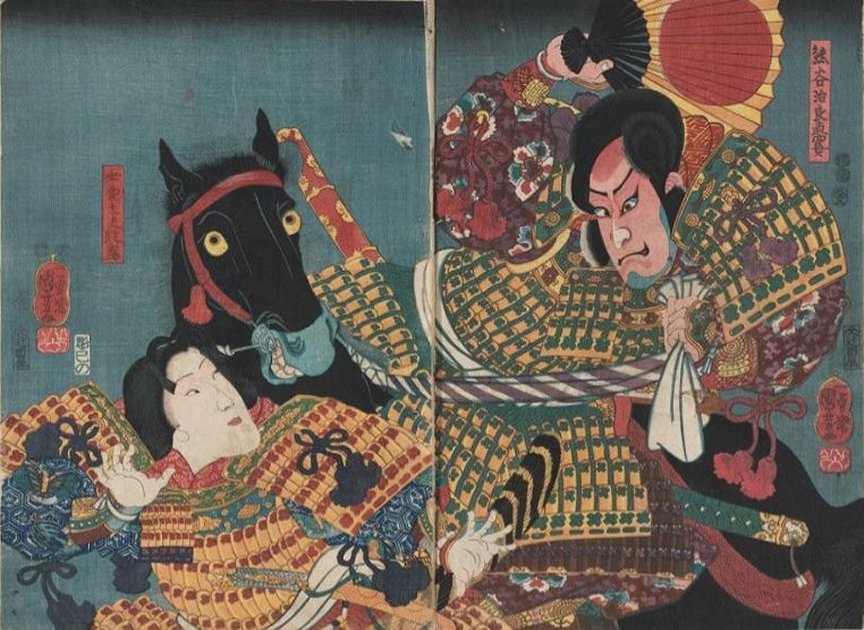 Arashi Kichisaburo III as Kumagai Jirô Naozane (right) kills Onoe Kikujiro II as Atsumori (left) in 'Suma no Miyako Genpei Tsutsuji'