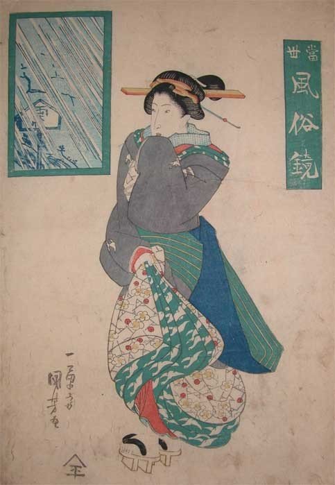 Kuniyoshi - Mirror of Modern Beauties, Bijin Walking in Wind