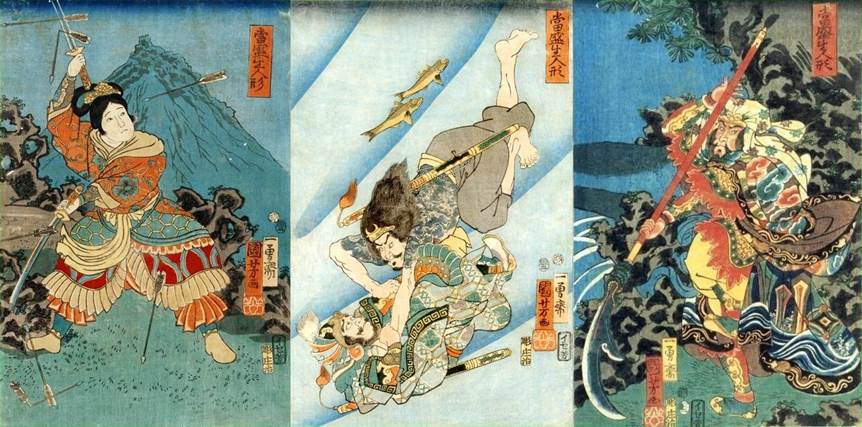 Kuniyoshi - Modern Lifesized Dolls (Tsei iki ningy) (2)1856, Kosanry Ichijsei (L), Tammeijir Genshgo (C) & Dait Kwansh (R)