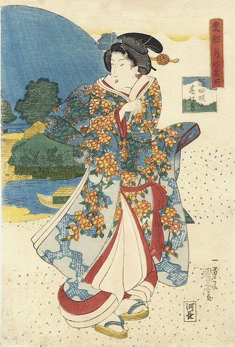 Kuniyoshi - Moonlight views of the Eastern Capitol, courtesan on parade in her Spring finery with view of the Sumidagawa behind her