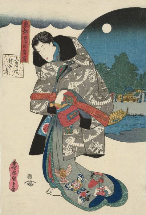 Kuniyoshi - Moonlight Views of the Eastern Capitol KUNISADA The Almost-full Moon at Masaki (Masaki no nochi no tsuki), from the series Famous Places for Moon-viewing in the Eastern Capital (Tôto tsuki no meisho)