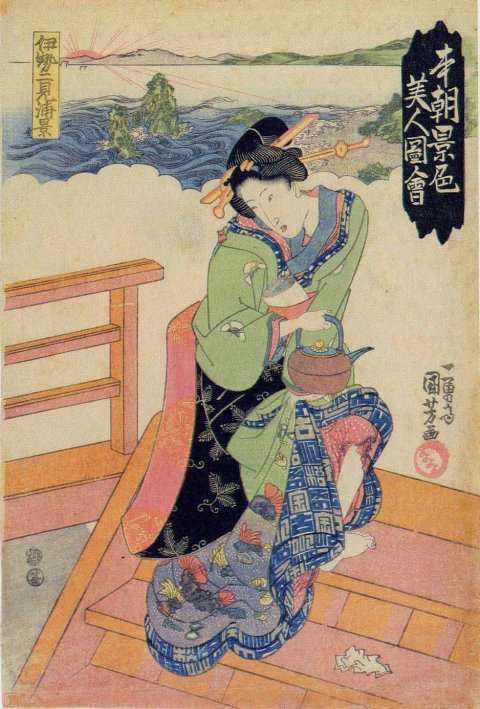 Kuniyoshi - Our Country's Scenery Illustrated by Beautiful Women (Honch keishoku bijin zue,  R88), View of Futamigaura in Ise Province (Ise Futamigaura no kei)