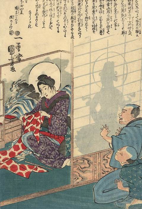 Kuniyoshi - Men surprised to see a young lady sewing appearing as the buddhist kwannon, reflected on the sliding door