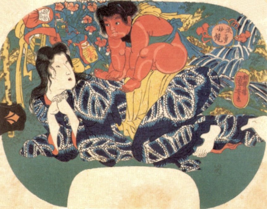Kuniyoshi - (S95e.7) Mirror of brave women (Bu-y onna kagami), Yama-uba reclining wile Kintar sits upon her