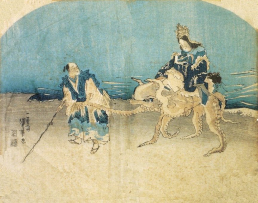 Kuniyoshi - (S95e) (fan) Urashima Tar & Otohime (aka Toyotama) on an Octopus