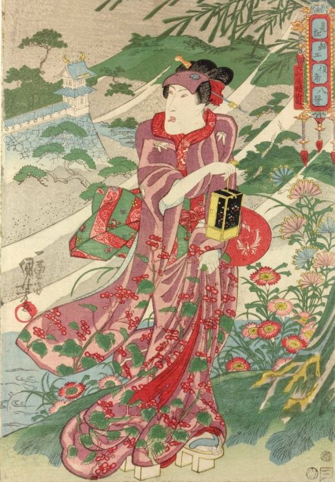 Kuniyoshi - Selected Fine Performances of Actors for the 8 Views (R167), Clearing Weather at Daiko-ya (Daiko-ya seiran), actor Iwai Hanshiro VI in a female role holding a cricket cage