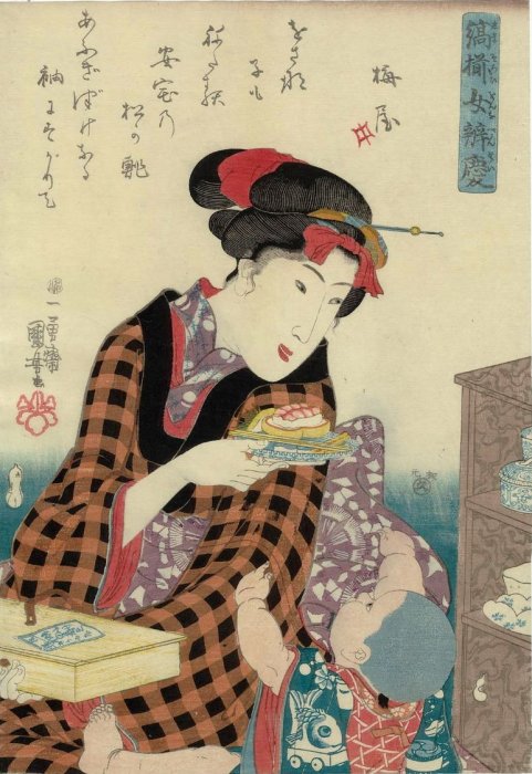 Kuniyoshi - Women in Benkei-Chequered Kimono (Shimazorai onna Benkei),