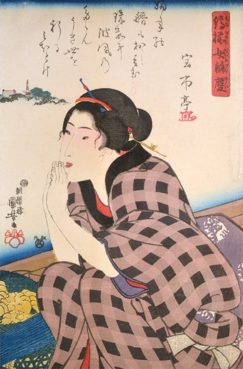 Kuniyoshi - Series of Women as Benkei (Shimazorai onna Benkei), preparing tea with water from the Horikawa.  She is holding a pair of irons to light a fire in the hibachi 