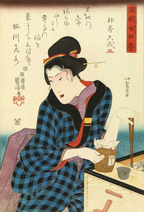 A beauty brewing new crop tea, from Shima zoroi onna Benkei (Collection of checkered kimono and beauties associated with Benkei), c.1844 (Alt.)