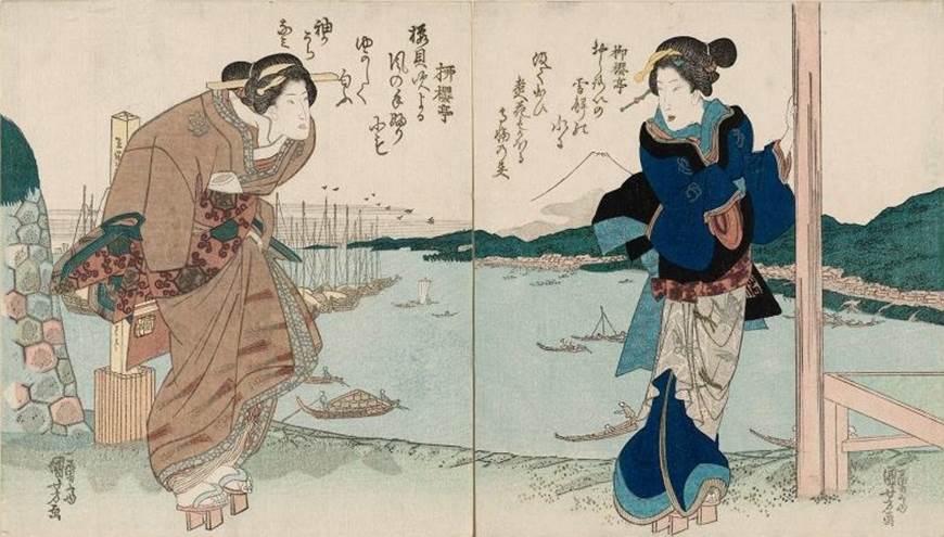 Kuniyoshi - Teahouse waitress (right) and geisha (left) by the gates of Okido with a view of Takanawa Bay and Mt