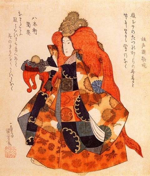 Kuniyoshi - (shikishiban) One of the daughters of the dragon king who lives in then bottom of the sea, 1832