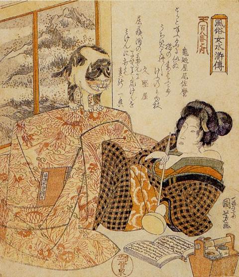 Kuniyoshi - (shikishiban) Modern Women as the 108 Heroes of the Suikoden (Fûzoku onna Suikoden hyakuhachiban no uchi), Brazier (Kotatsu), [beauty with cat]