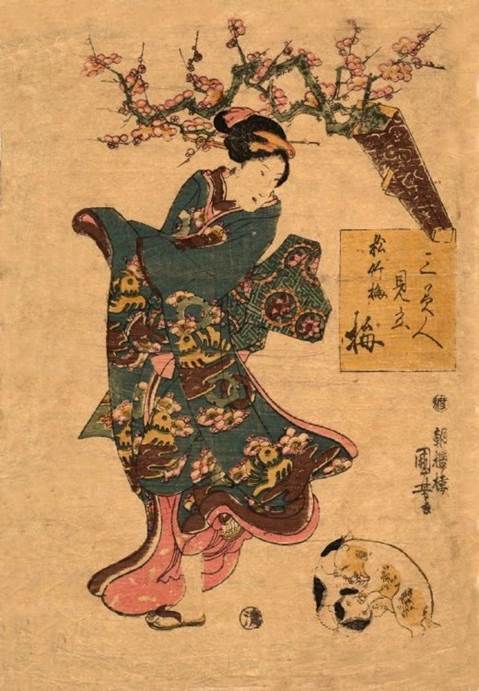 Kuniyoshi -   3 Selected Beauties for Pine, Bamboo, and Plum (Sambijin mitate shochikubai, R131), Plum