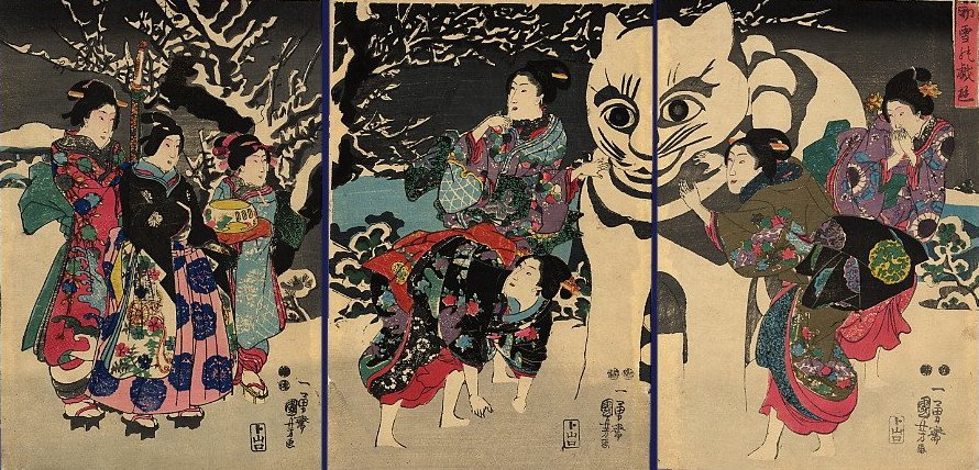 Kuniyoshi - (triptych, snow) Court Ladies showing a giant snow cat to a young prince after the first snow, 1848 (Alt
