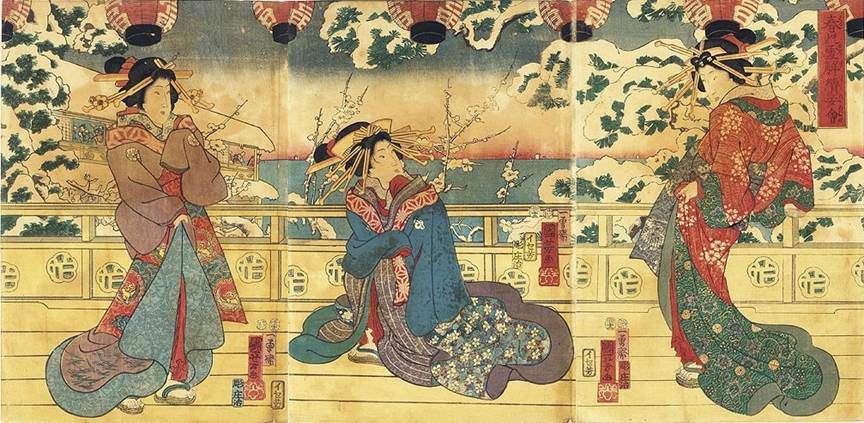 Kuniyoshi - (triptych, moon, soji) Ume 1847-52, Girls playing 'kitsune ken'