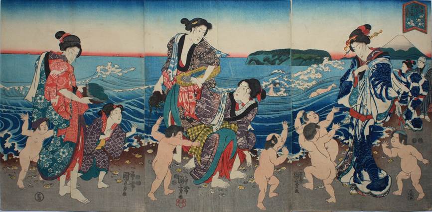Kuniyoshi - (triptych, boat) Cherry Blossom Viewing on the Sumida River (Sumidagawa hanami), 1847 - 1851