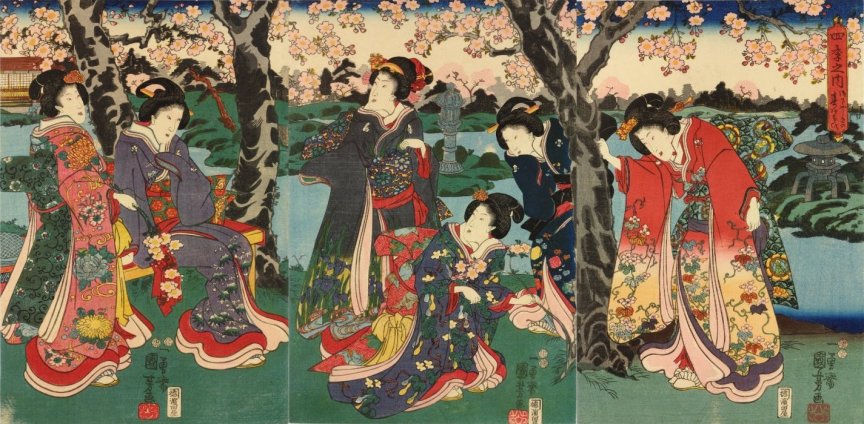 Kuniyoshi - The 4 Seasons (Shiki no uchi, R130), Spring Amusements at the Honorable Lower Palace (Go-shita-yashiki haru no asobi), c