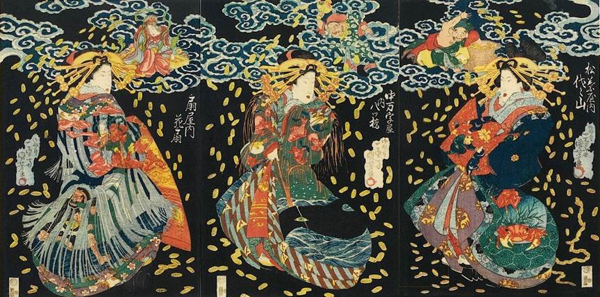 Kuniyoshi - Pleasures of the Four Seasons (Shiki ykan), Woman catching fireflies by a stream, autumn