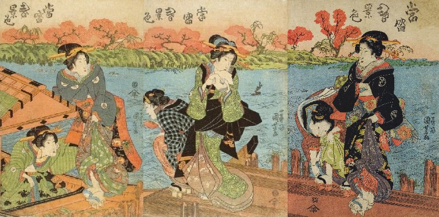 Kuniyoshi - Pleasures of the Four Seasons (Shiki ykan), Woman catching fireflies by a stream, autumn