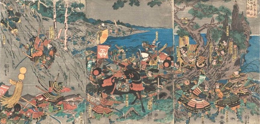 Kuniyoshi - (T 39) The Battle of Ishibashiyama (1180) in the rain, showing Yoritomo and his seven companions hiding in the hollow tree, and the combat of Kagehisa with Yoshisada (late )