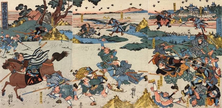 Kuniyoshi - (T 80) The night attack of the 47 Rônin- the fight in Moronao's garden, crossed by a long wooden gallery