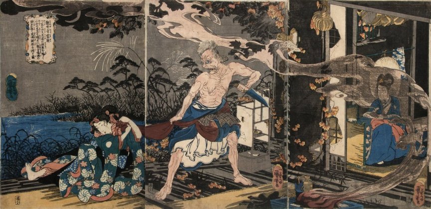 Kuniyoshi - (T 82) the Hag of the lonely house of Adachi (Hitotsuya) with her victom and the apparition of the goddess Kannon