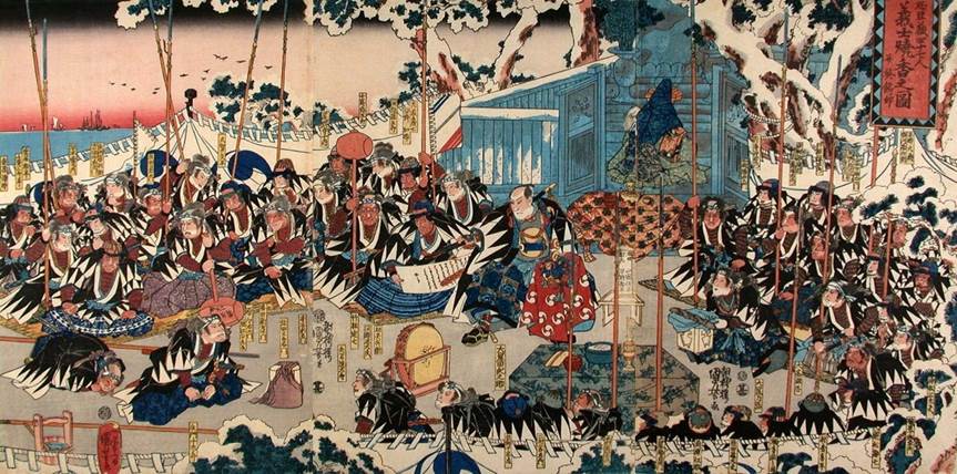 Kuniyoshi - (T 81) The Forty-Seven Ronin, having accomplished their revenge, burning incense before the tomp of their master Yenya Hangwan