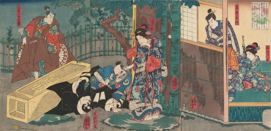 Kuniyoshi - (T 95) Tomoye-gozen pulling the ear of Nagase Hangwan (Kiso Yoshinaka no omoimono Tomoye-gozen to iu shita)