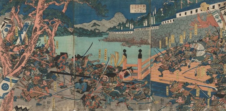 Kuniyoshi - (T124) Yoshitsune leading a sortie from the castle of Takadachi over the moat bridge in 1189; Benkei knocking over foe (center) (solid sky)