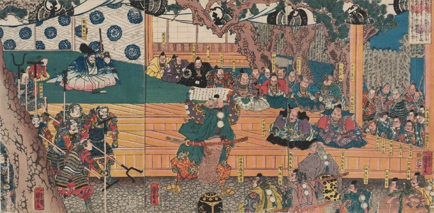 Kuniyoshi - (T126) Benkei reading his scroll (kwanjinch) to Togashi Sayemon at the Ataka Barrier, he and his party dressed as monks