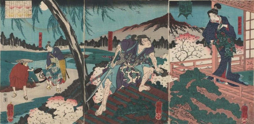 Kuniyoshi - (T129) Yend Musha Morit (center) approaching Kesa-gozen over the roof with a drawn sword; in the background (left) a servant about to adjust the sandal of Watanabe Wataru, her husband (Alt