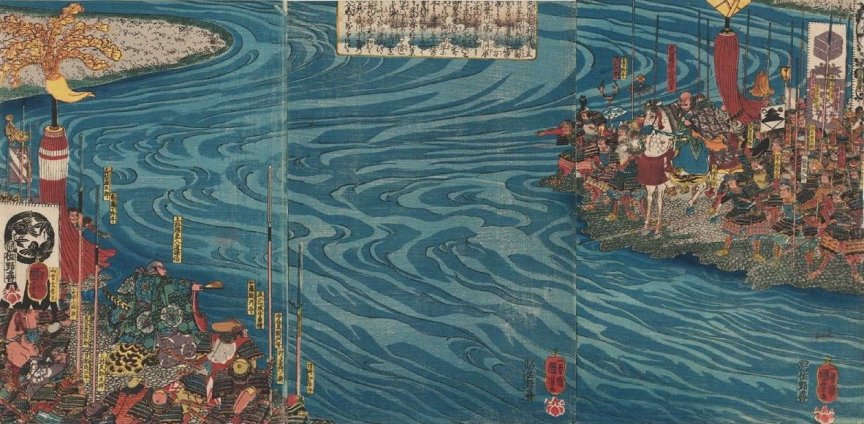Kuniyoshi - (T136) Kenshin and Shingen face each other across the river to discuss peace terms during the Kawanakajima Campaign (Alt