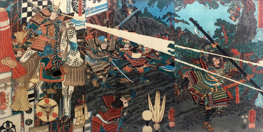 Kuniyoshi - (T279) Prince Shtoku, mounted and attended, quelled Mononobe no Moriya with a death-ray glance in 587 BCE