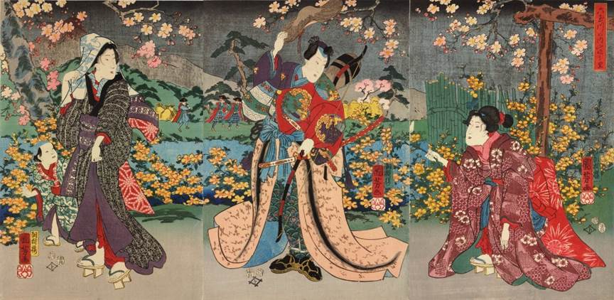 Kuniyoshi - actors as Ôta Saemon-dayû Mochisuke (aka Ôta Dôkwan, C) holding a bow and lifting his hat, being offered a spray of flowers by a kneeling woman, watched by a woman with a child (L, (4)1854