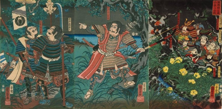 Kuniyoshi - (T320) Battle of Ishibashiyama, Kajiwara Kagetoki looking for Minamoto Yoritomo who is hiding in cave at Mt. Ishibashi defeat by Heike army (Minamoto no Yoritomo Ishibashiyama hatage kasen), 1855