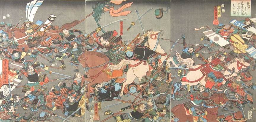 Kuniyoshi - (T319) Minamoto no Yoshitsune & his 19 retainers in a ship with Benkei at the prow