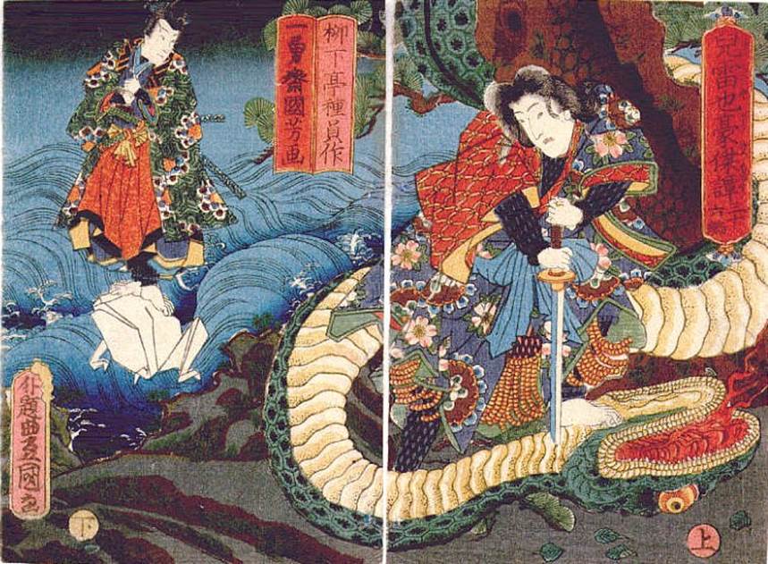 Kuniyoshi - (T356) Jiraiya and his followers, seated on the shore, watch Amame Isobei catching two miscreants, while Onikubi Kôyemon engages the youth Masajirô and the maiden Midori in combat
