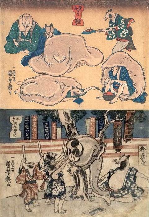 Kuniyoshi - (chûban) Raccoon Dogs (Tanuki), Raccoon dogs sheltering from the cold & Raccoon dogs as retailers celebrating the first sale of the new year