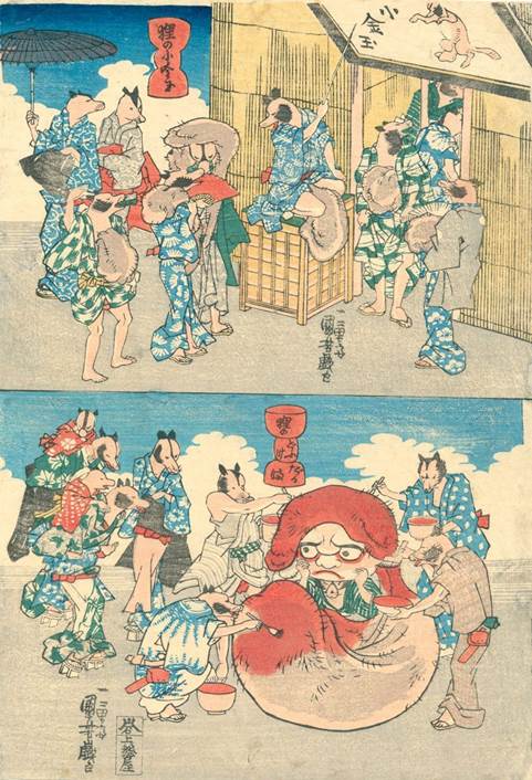 Kuniyoshi - (chban) Raccoon Dogs (Tanuki), Raccoon dogs sheltering from the cold & Raccoon dogs as retailers celebrating the first sale of the new year