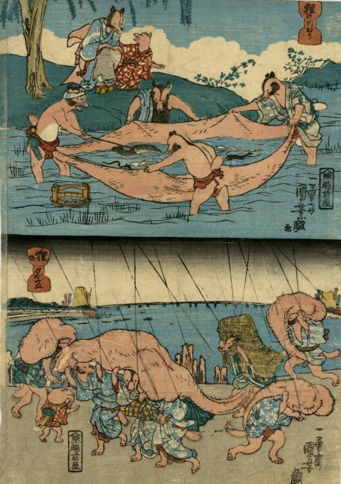 Kuniyoshi%20-%20(chban)%20Raccoon%20Dogs%20(Tanuki),%20River%20fishing%20&%20Sheltering%20from%20evening%20shower